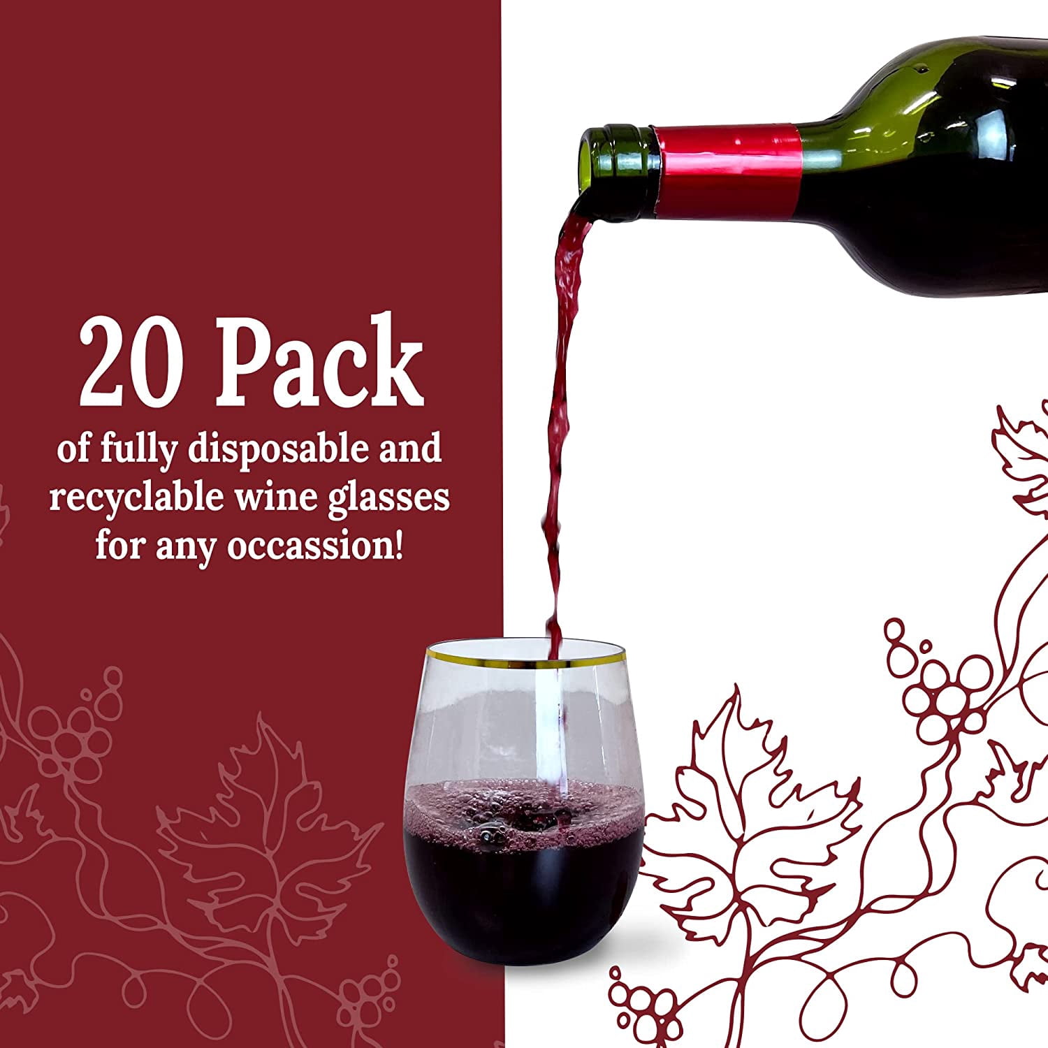 12oz. Disposable Wine Glasses Gold-Rim (20 Pack) Stemless Crystal Clear | Reusable & Recyclable BPA-Free Food-Grade Plastic | Shatterproof Party Cups for Juices, Cocktails, Whiskey Any Occasion