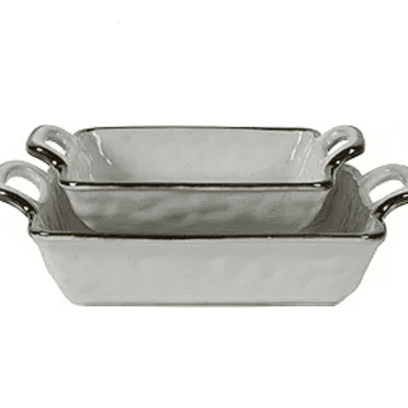 Tabletops Gallery Speckled Farmhouse Collection- Farmhouse White Brown Stoneware Serving Bowl Platter, 2 Piece Geneva Nesting Square Baking Dish Set