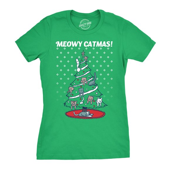 Womens Meowy Christmas Cat Shirt Tree Ugly Merry Crazy Funny Gift Sweater (Green) - S