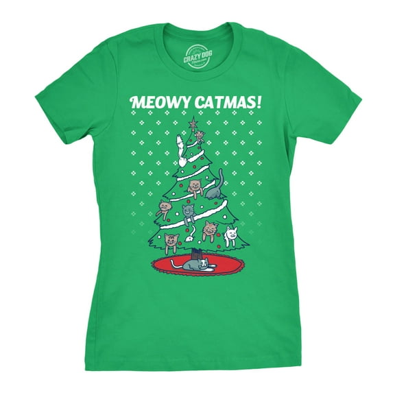 Womens Meowy Christmas Cat Shirt Tree Ugly Merry Crazy Funny Gift Sweater Womens Graphic Tees