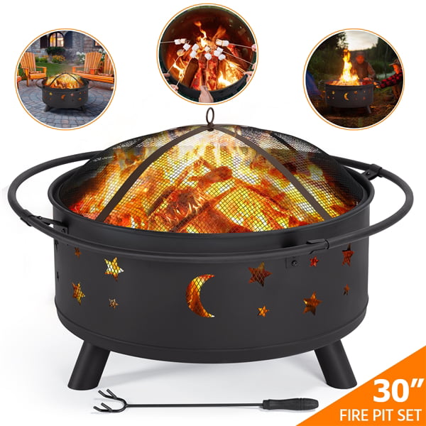 Topeakmart 30in Round Fire Pit Set, Star And Moon Fire Pit And Grill