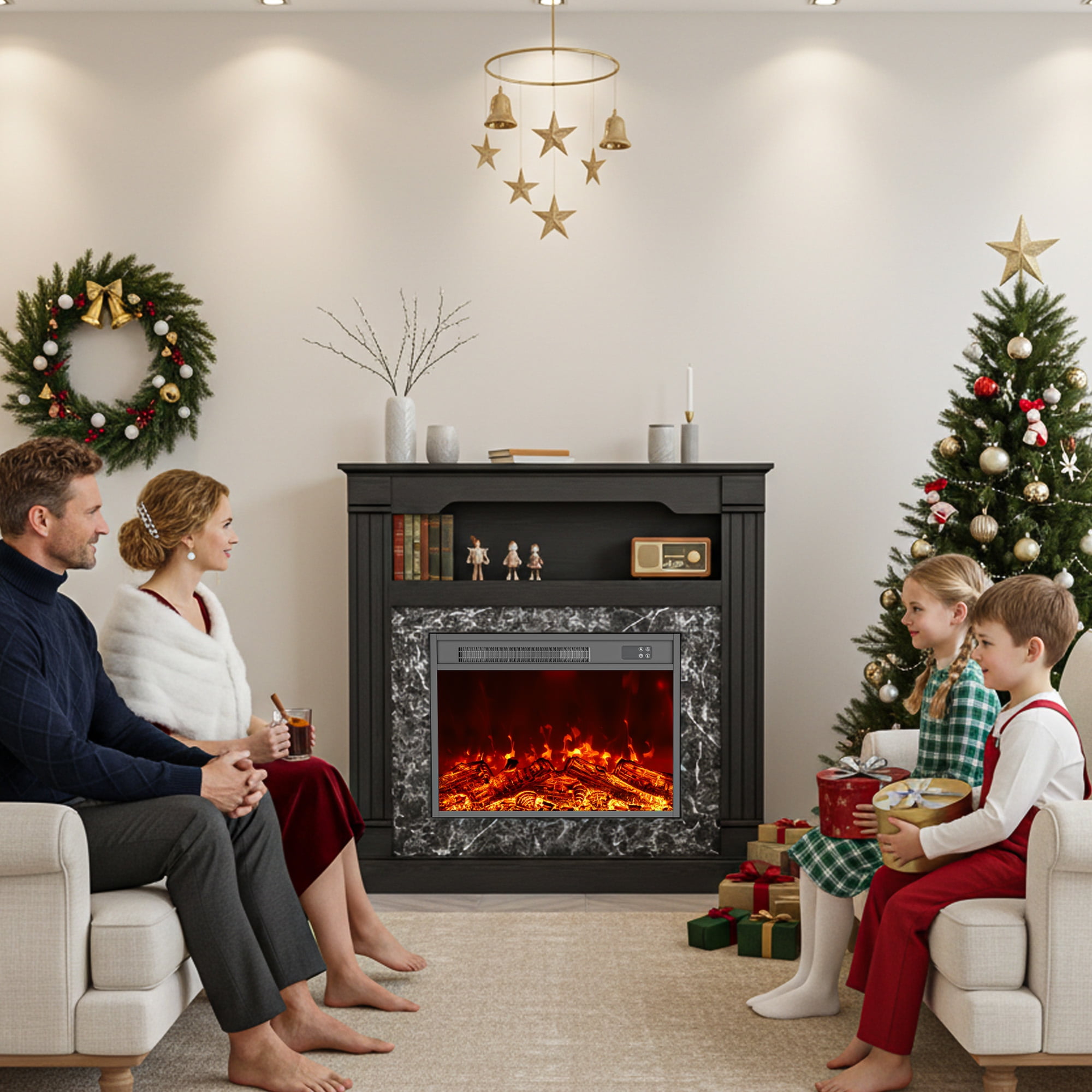 LIGHTINN 40" Freestanding Electric Fireplace With Mantel for Small to Medium Space, Overheat Protection & 3D Flame Effect with Remote Control, Black