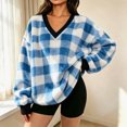 thumbnail image 6 of Manzbdm Women's Fleece Plaid Sweatshirt Long Sleeve V Neck Fuzzy Pullover Top, 6 of 8
