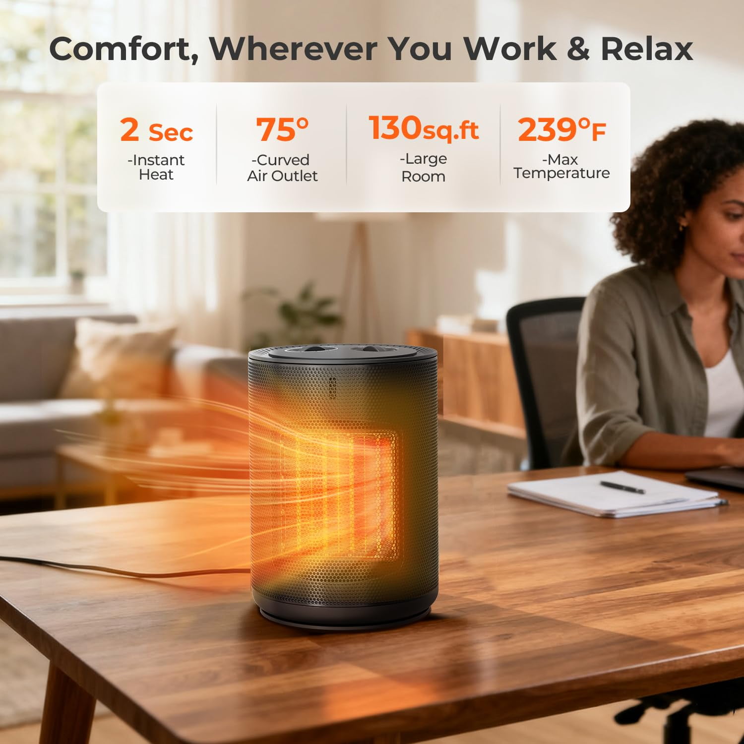 KISSAIR Space Heater 1500W, 2S Rapid Heating, Ceramic Portable Heater Fan, Ideal for Home/Dorm/Office/Kitchen, Black
