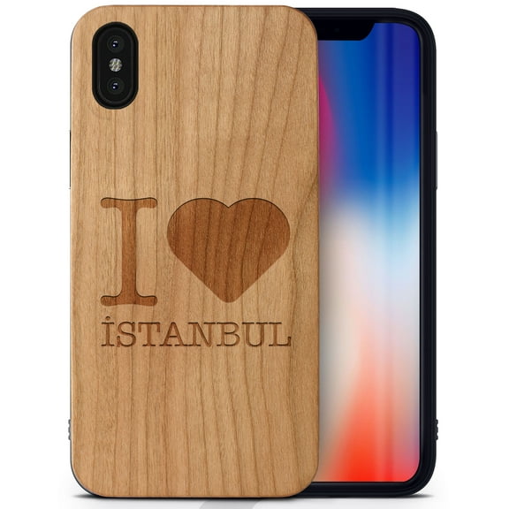 Case Yard Wooden Case Outside Soft TPU Silicone, Slim Fit Shockproof Wood Protective Phone Cover for Girls Boys Men and Women, Supports Wireless Charging I Love Istanbul Design case for iPhone-X
