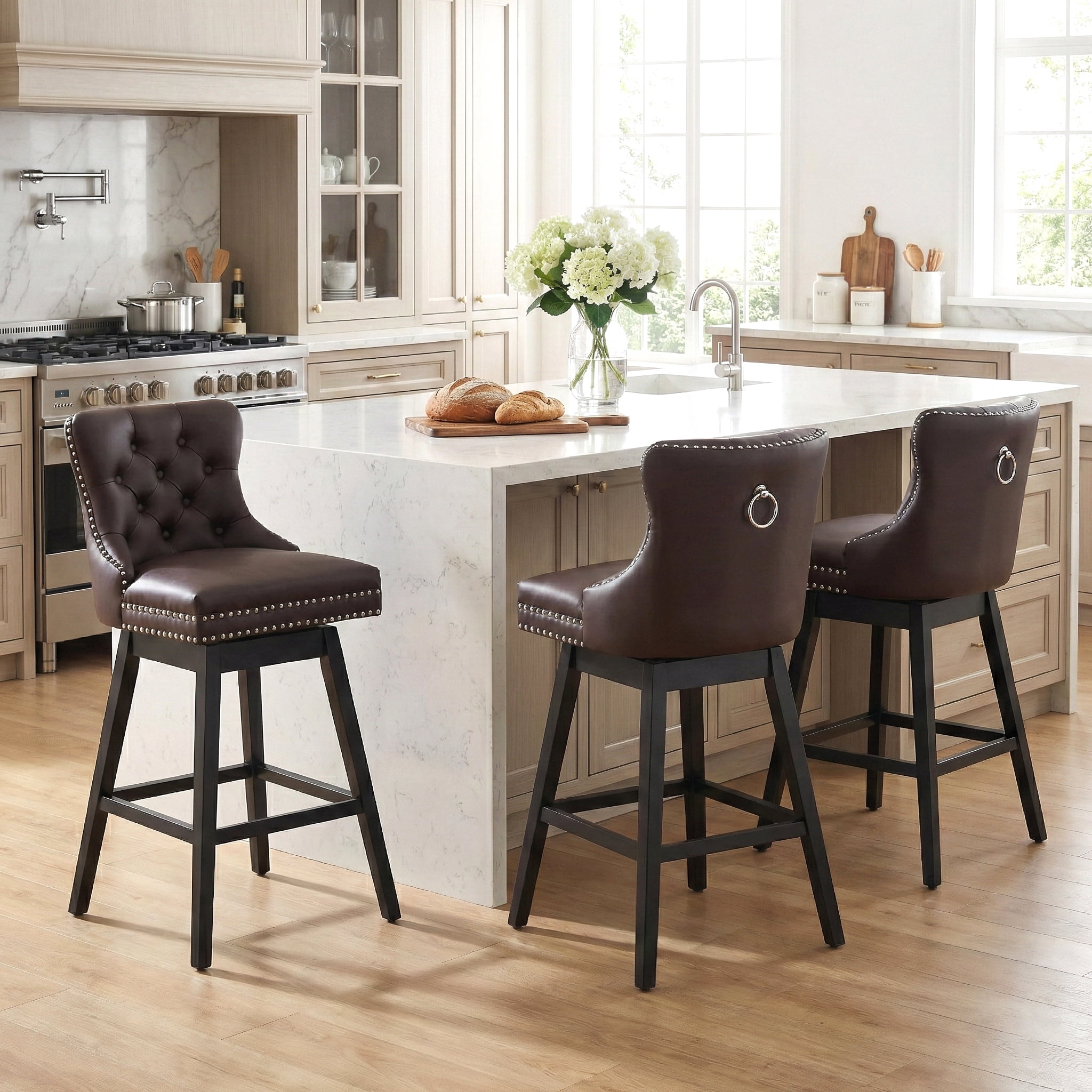 TEWLOSS Swivel Bar Stools Set of 3, 30" Bar Height Faux Leather Chairs with Back for Home Bar, Brown