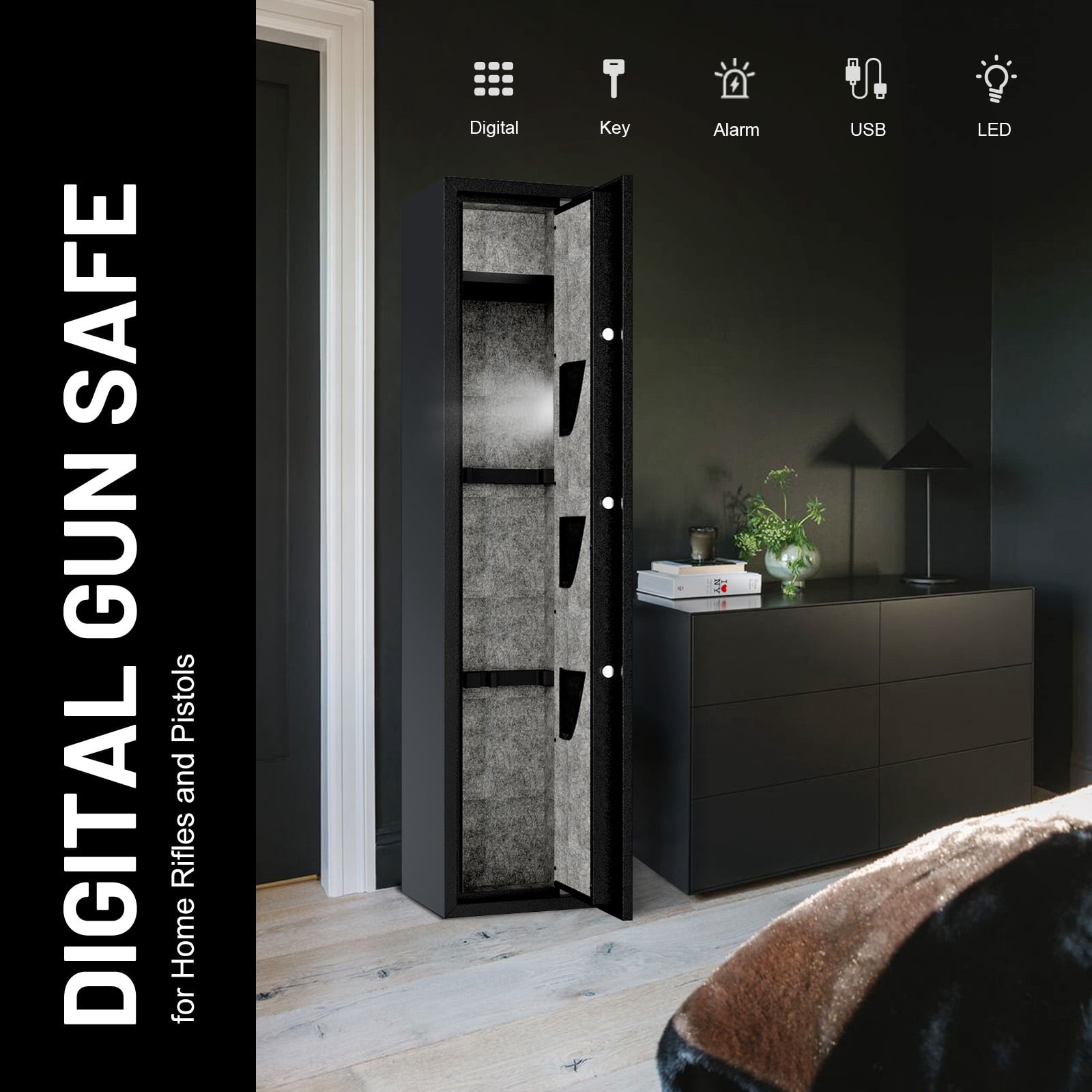 4-5 Digital Rifle Gun Safe,Gun Cabinet with Upgraded Digital Panel and LED Light,Gun Safes for Home Rifle and Pistols with Adjustable Rifle Racks and Removable Shelf ,Gun Safes & Cabinets with Alarm