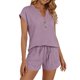 thumbnail image 1 of Camiseta de Manga Corta de Cuello en V de Color Sólido con Pantalones Cortos de Cintura Elástica Bolsillos Casual Lounge, 1 of 4