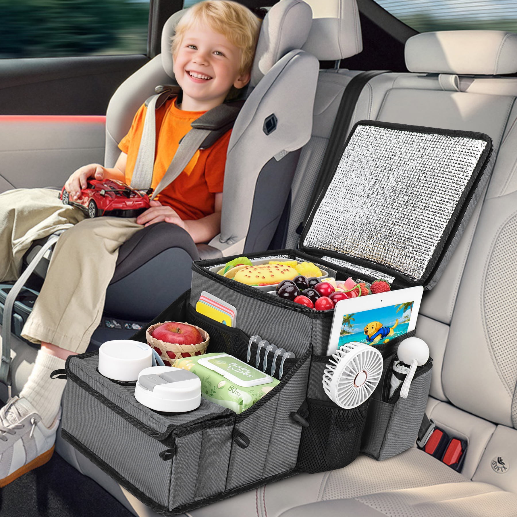 INFANZIA Car Seat Organizer, Backseat Van Organizer with Cup Holders for Car Front Passenger and Back Seat, Carseat Storages with Cooler Compartment for Kids and Adults for Toy, Snacks, Gray