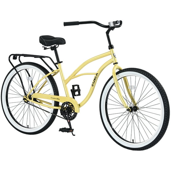 Aukfa 26" Cruiser Bike, Single Speed Bicycle Hybrid Bikes for Women Girls Ladies,Yellow
