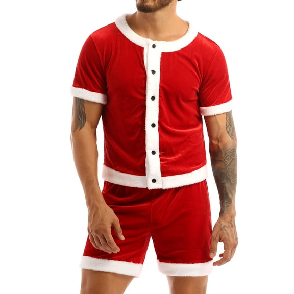 Eandarui Men's 2 Piece Santa Claus Short Sleeve T Shirt and Boxer Shorts Christmas Costume Outfit Set Red L