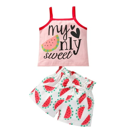 

LEVEFORD Girl’s Letter Suspender Tops and Bow Printing Short Pants Set