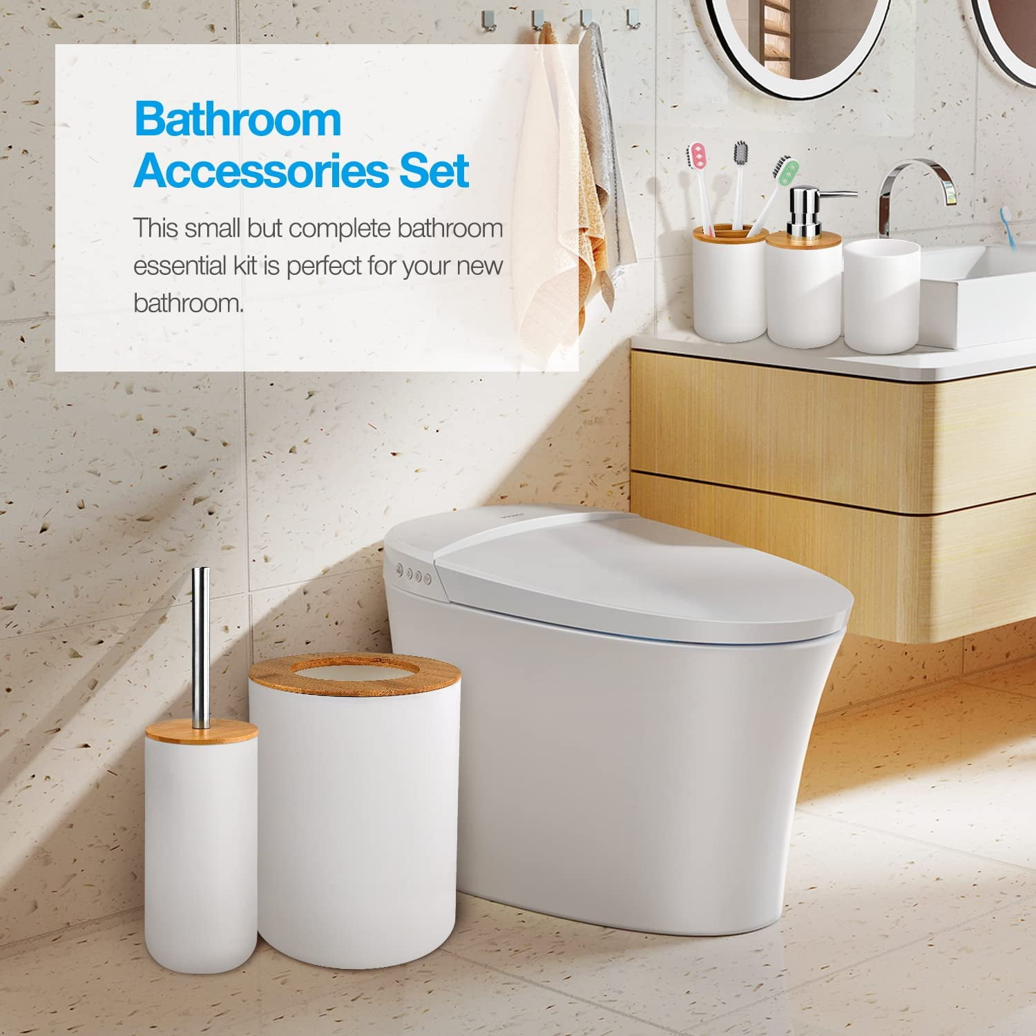 Livhil 6 Pcs Bamboo and Plastic Bathroom Accessories Sets, White