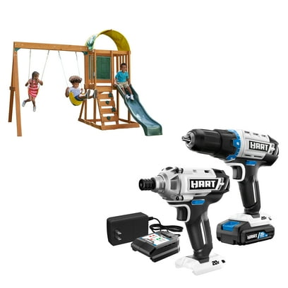 Kidkraft Ainsley Wooden Swing Set + HART 20-Volt Cordless 2-Piece 1/2-inch Drill and Impact Driver Combo Kit