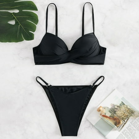 Limited Time Savings  Women Fashion Straps Color-Block Comfortable Split Swimsuit Bikini Beachwear Set  Sexy Summer Swimwear  Stylish Bikini Set for Women | Sopatenor  Black L