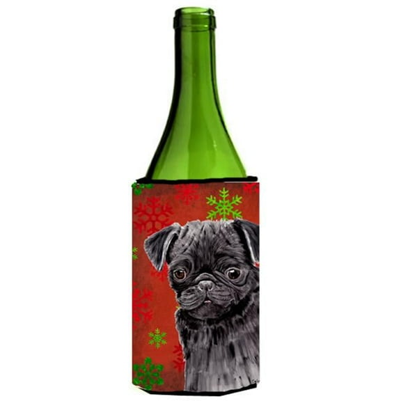 Pug Red And Green Snowflakes Holiday Christmas Wine bottle sleeve Hugger
