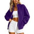 thumbnail image 6 of Smupbvky Womens Velour Zip Up Bomber Coat Stand Collar Long Sleeve Oversized Jacket Fall Winter Casual with Pockets (2XL, Purple), 6 of 8