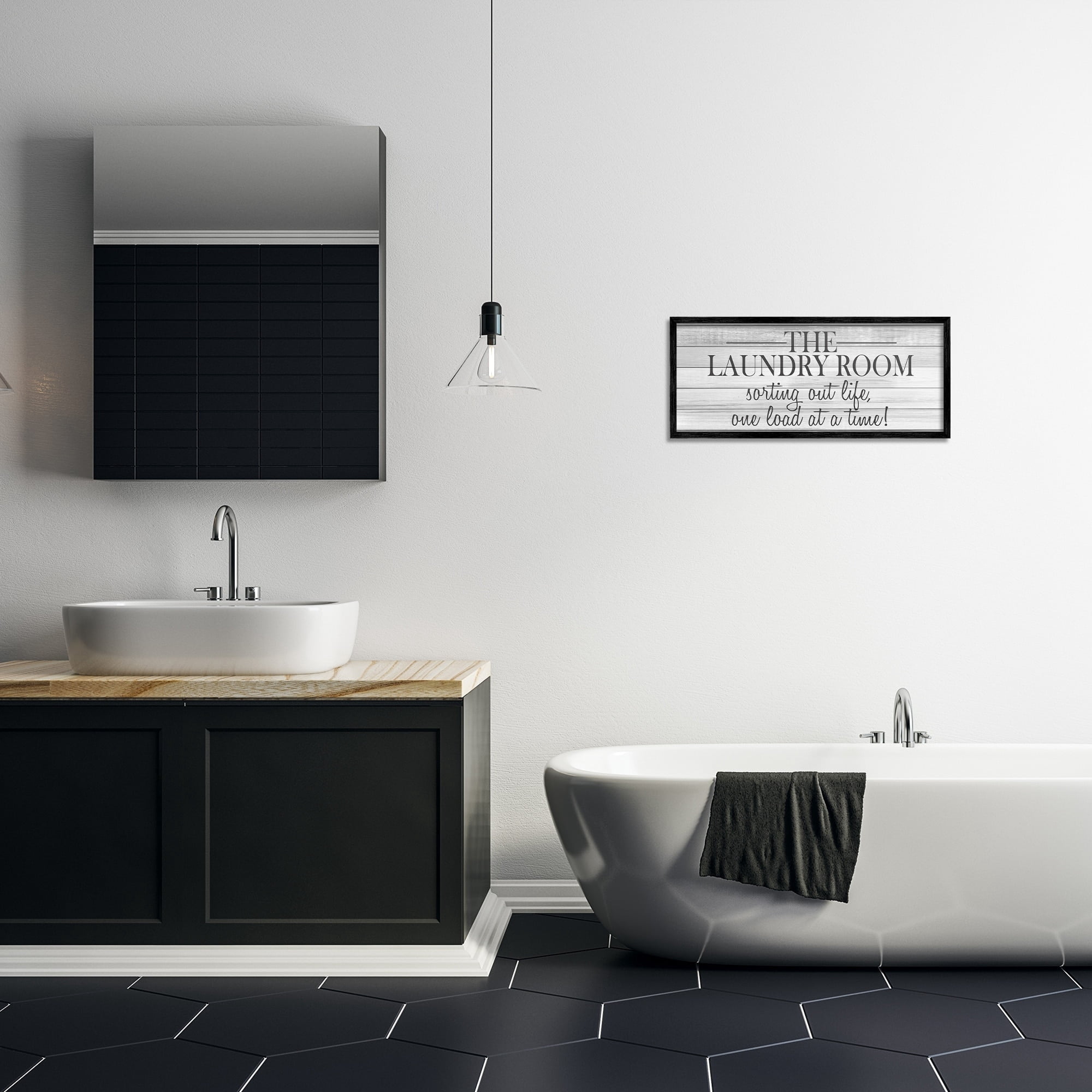Stupell Industries Laundry Sorting Out Life Typography Black and White Planked Look, 10 x 24,Design by Kimberly Allen