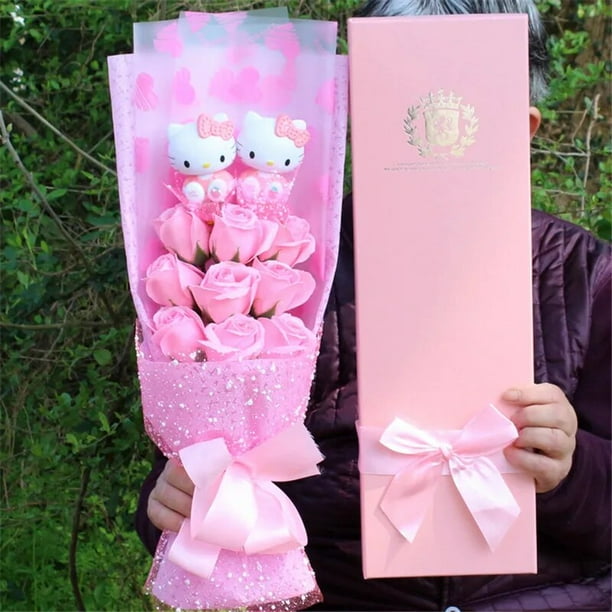 Sanrio ramo de flores Kawaii para mujer, Hello Kitty, ramos de flores, jabón de inodoro de dibujos animados, juguetes de Anime, caja de regalo de rosas