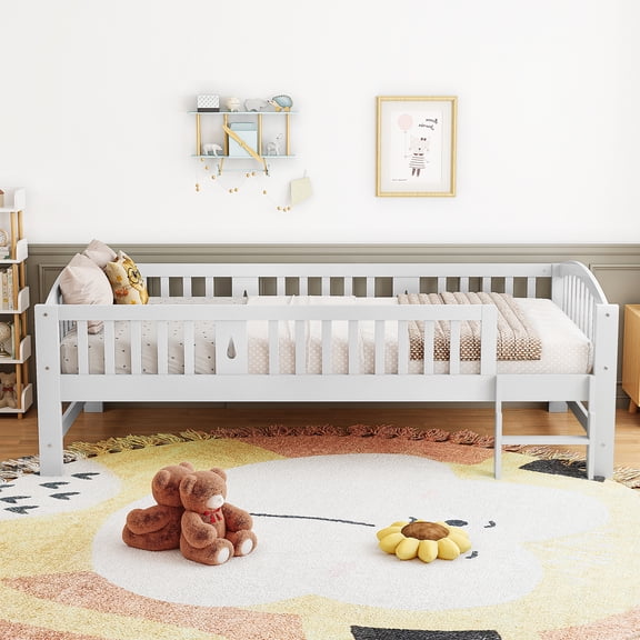 PAPROOS Wood Twin Platform Bed Frame, Twin Size Bed Frame with Fence Guardrail Ladder, No Box Spring Needed, White