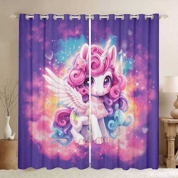 Castle Fairy Cartoon Animal Unicorn Black Out Curtains for Preppy Child Girls,Dreamy Princess Curtains Pack of 2 (42x63 Each),Universe Galaxy Bedroom Curtains,Microfiber Bedroom Decor