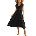 thumbnail image 2 of INSPIRE CHIC Women's Dress Cap Sleeves Wrap V Neck Flowy Ruffle Pleated Casual with Belt Midi Dresses M Black, 2 of 5