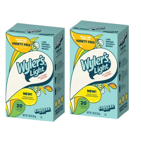 SINGLES TO GO! Wyler's Light TikTok Bundle Variety Pack, Blue Variety Boxes, 20 Packets Per Box and 40 Servings, Trend Inspired Flavors, Low Calorie Drink Mix (Pack of 2)
