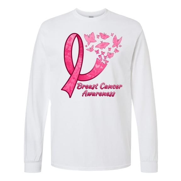 Inktastic Breast Cancer Awareness Ribbon and Butterflies Long Sleeve T-Shirt