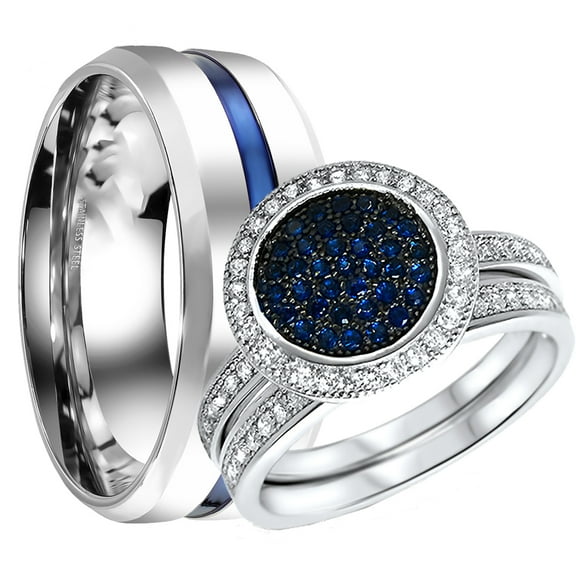 His Hers Sterling Silver CZ Bridal Wedding Band Engagement Ring Set Him Her Thin Blue Line