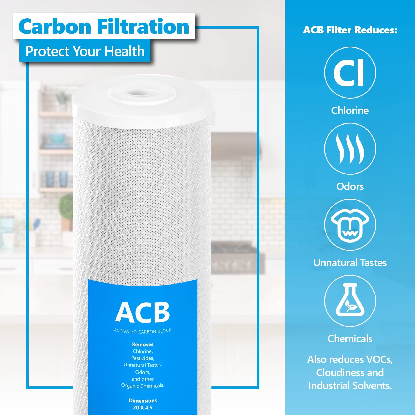 Activated Carbon Block Water Filter, 2 Pack, 5 Micron, 4.5x20 Inch, Whole House System