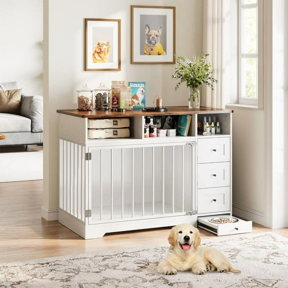 Towallmark 48 Inch Dog Crate Furniture, Farmhouse Dog Kennel with Bowl & Drawers, Heavy Duty Pet Crate Table for Medium Small Dogs for Living Room, Entryway Storage