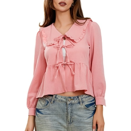 Bangyeer Women Puff Sleeve Shirts Tie Front Ruffle Babydoll Blouse Tops Teen Girls Lace Up Cute Y2K Tops