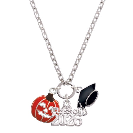 Delight Jewelry Silver-tone Jack O'Lantern with Cutout Eyes - Class of 2026 Graduation Zoey Charm Necklace, 28"