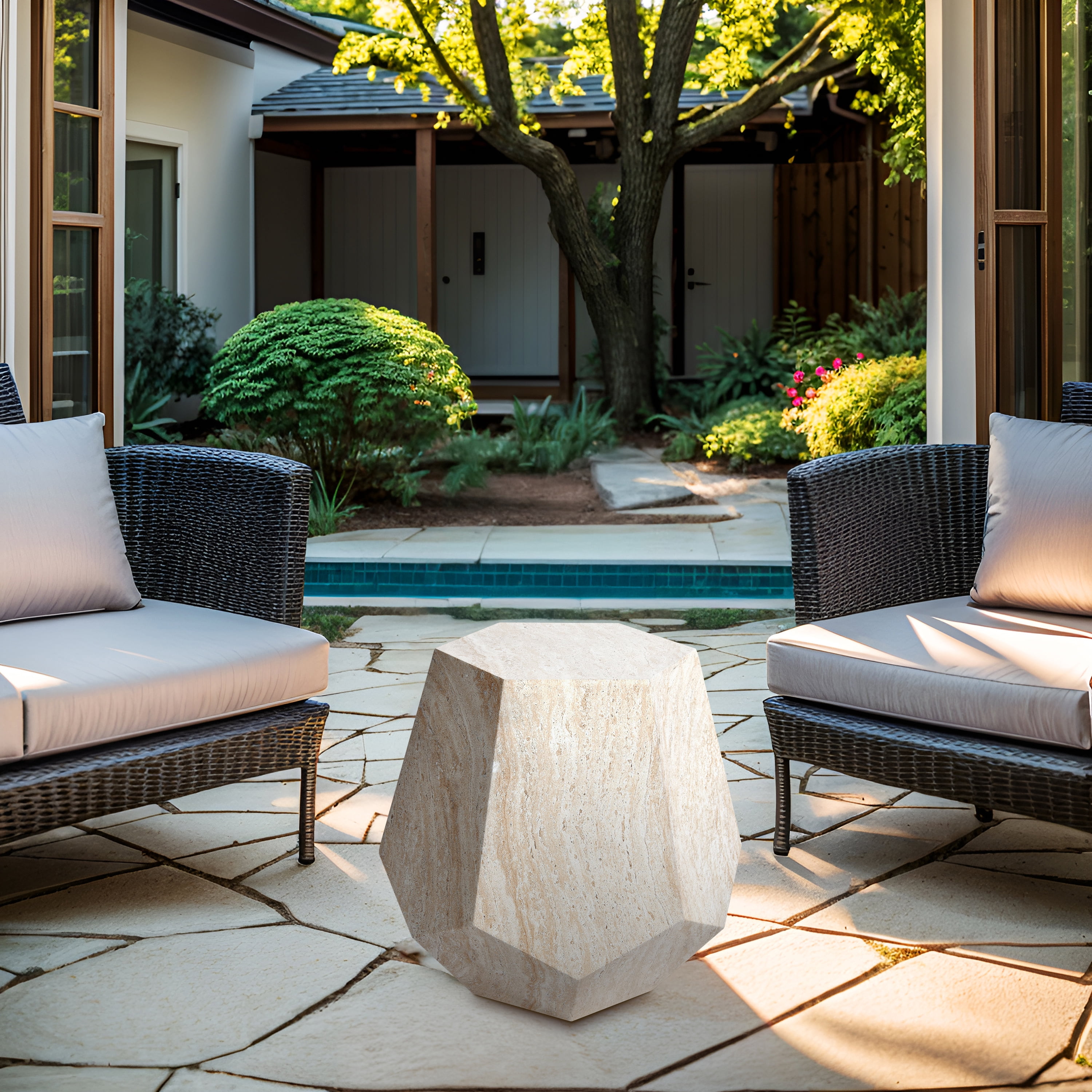 Geaometric Travertine Stone Finish Italian Design MgO Side Accent Table