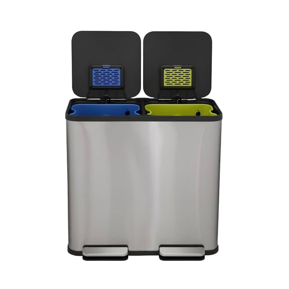 Simpli-Magic Recycle Kitchen Trash Can, 21 Gallon Stainless Steel Dual Compartment Soft Close Step Garbage Bin, Silver