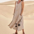 thumbnail image 2 of Robes Grande Taille pour Femmes Col Ras du Cou Sans Manches Robe Fluide Été Décontractée Légère Plage Robes Midi Tendance Robe en Lin Imprimée avec Poches Robe Kaki, Taille P-5TG, 2 of 6