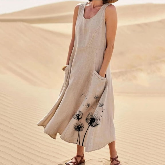 Aimik Womens Floral Print Sleeveless Maxi Dress Round Neck Loose Fit Tank Long Dresses with Pockets Summer Beach Casual Dress