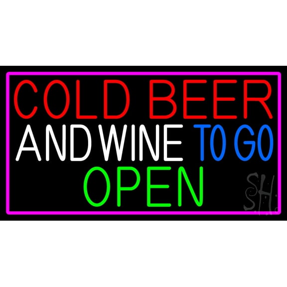 Cold Beer And Wine To Go Open With Pink Border LED Neon Sign 20 x 37 - inches, Clear Edge Cut Acrylic Backing, with Dimmer - Bright and Premium built indoor LED Neon Sign for Bar decor.