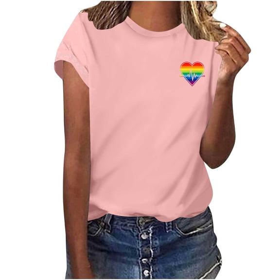 Wowcloth Women's Round Neck Short Sleeve T-shirt, Heart Print Casual Loose Fit for Daily Wear