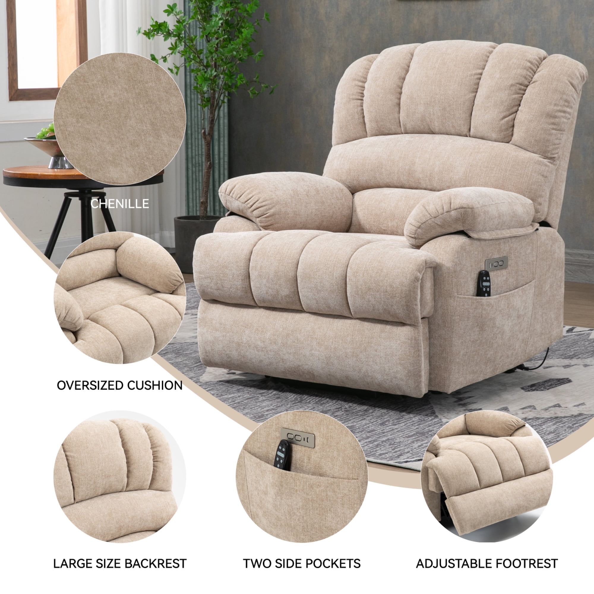 Leumius Power Lift Recliner Chair for Elderly with Vibration Massage and Lumbar Heating,23.5" Extra Wide Single Sofa with High Back,Side Pocket,USB Charge Port for Living Room,Beige