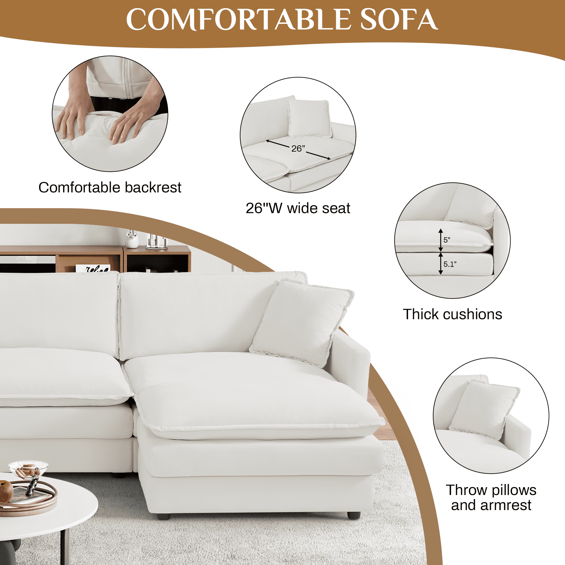Rophefx 162.6" Modern U Shaped Sectional Sofa, Velvet Deep Seat Cloud Couches with Ottoman, Central Console and Double Layer Cushion