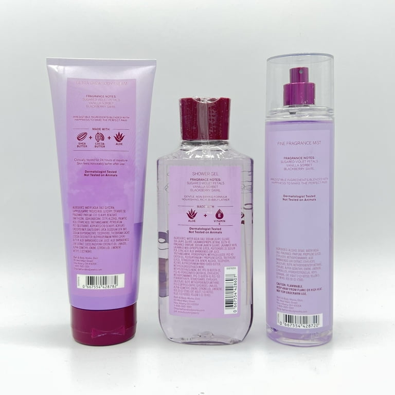Bath and Body Works Candied Violet Sorbet Body Cream Shower Gel and Fine Fragrance Mist 3 Piece Bundle