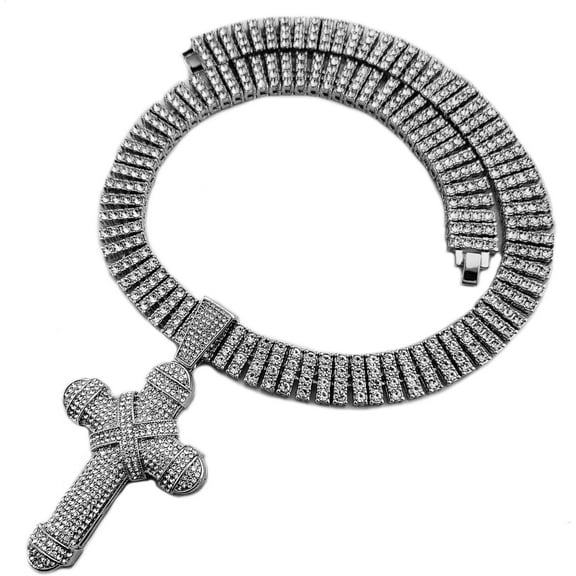 Hip Hop Jewelry Silver Plated Cubic Zirconia Holy Cross Pendant & 15mm 20" Iced 4 Row Tennis Chain Necklace Set Luxury Gift