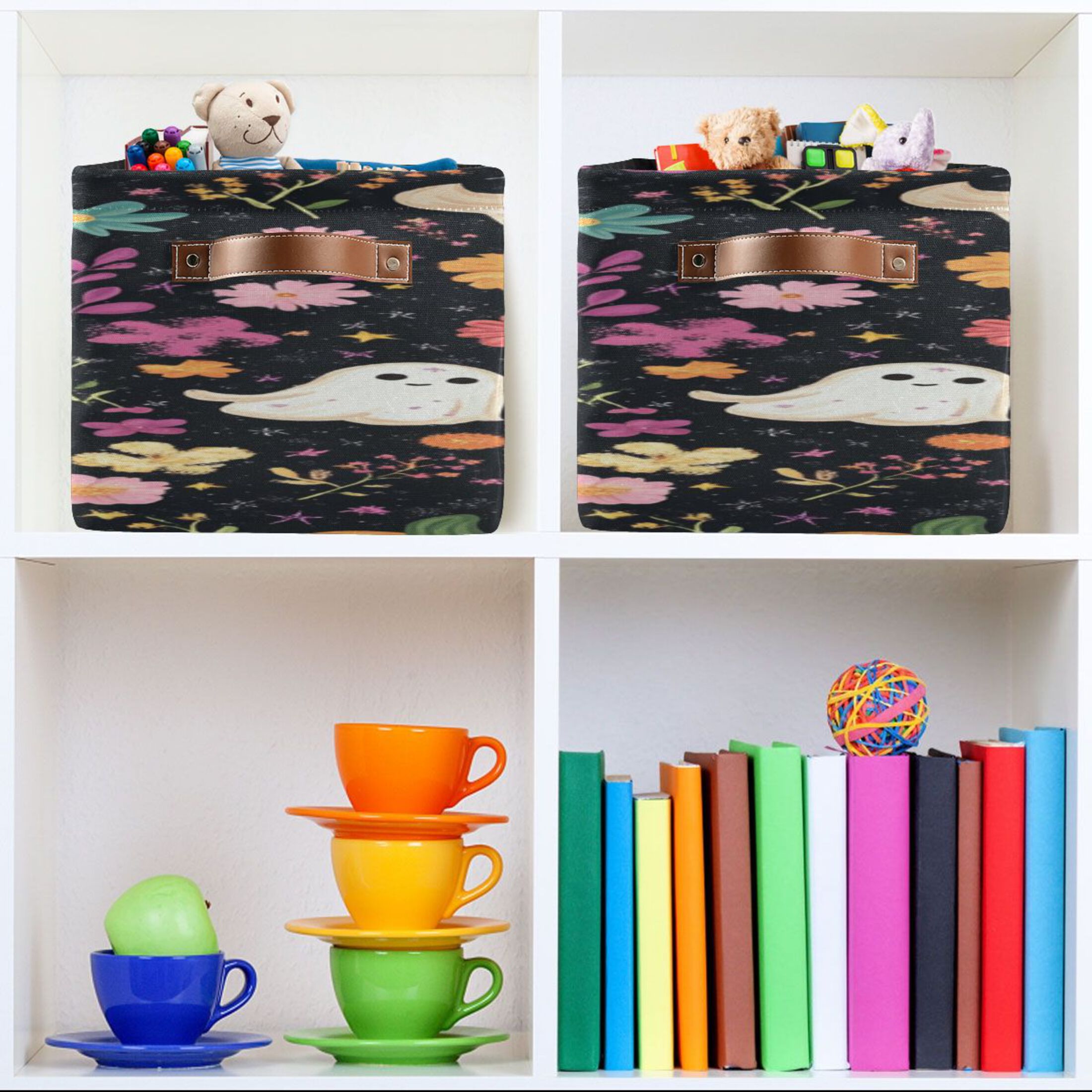 Halloween Specters Pumpkins Flowers Crayon Painting Square Storage Bins with Handles Collapsible Containing Box 2 Packs