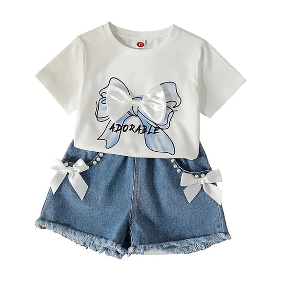XEGLSBU Girls Two Piece Sets Knit Top with Print and Embroidered Denim Jeans Casual Outfits Comfortable Playwear White Size 8-9 Years