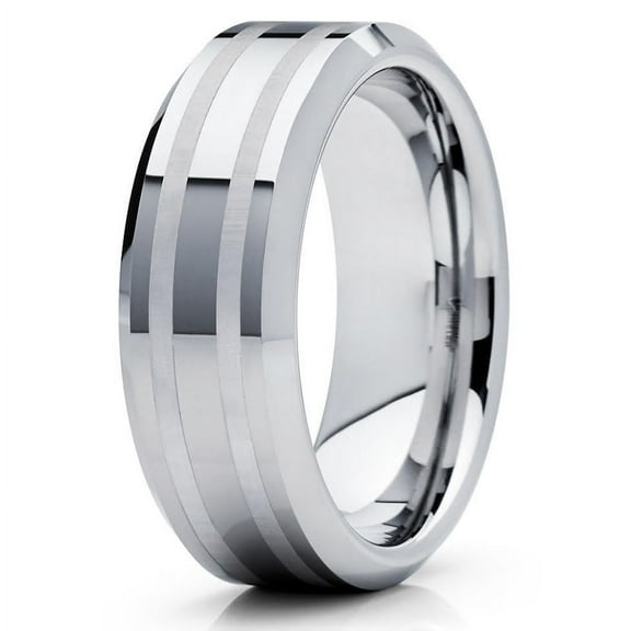 8mm Polished Silver Tungsten Carbide Wedding Band Matte Double Groove Beveled Edge Unisex Ring 10