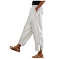 thumbnail image 1 of Ladies Pants Casual Linen Cropped Pants Elastic Waist Drawstring With Pockets Solid Color Buttons Woman Pants White XL, 1 of 4