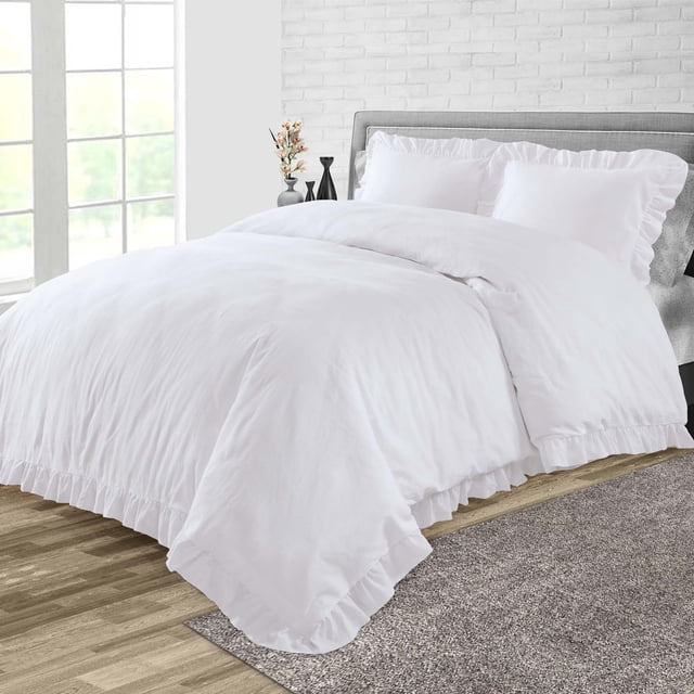 Dee's Collection Oversized Queen Size 3 Psc Microfiber Duvet Cover Trimmed Ruffle -White