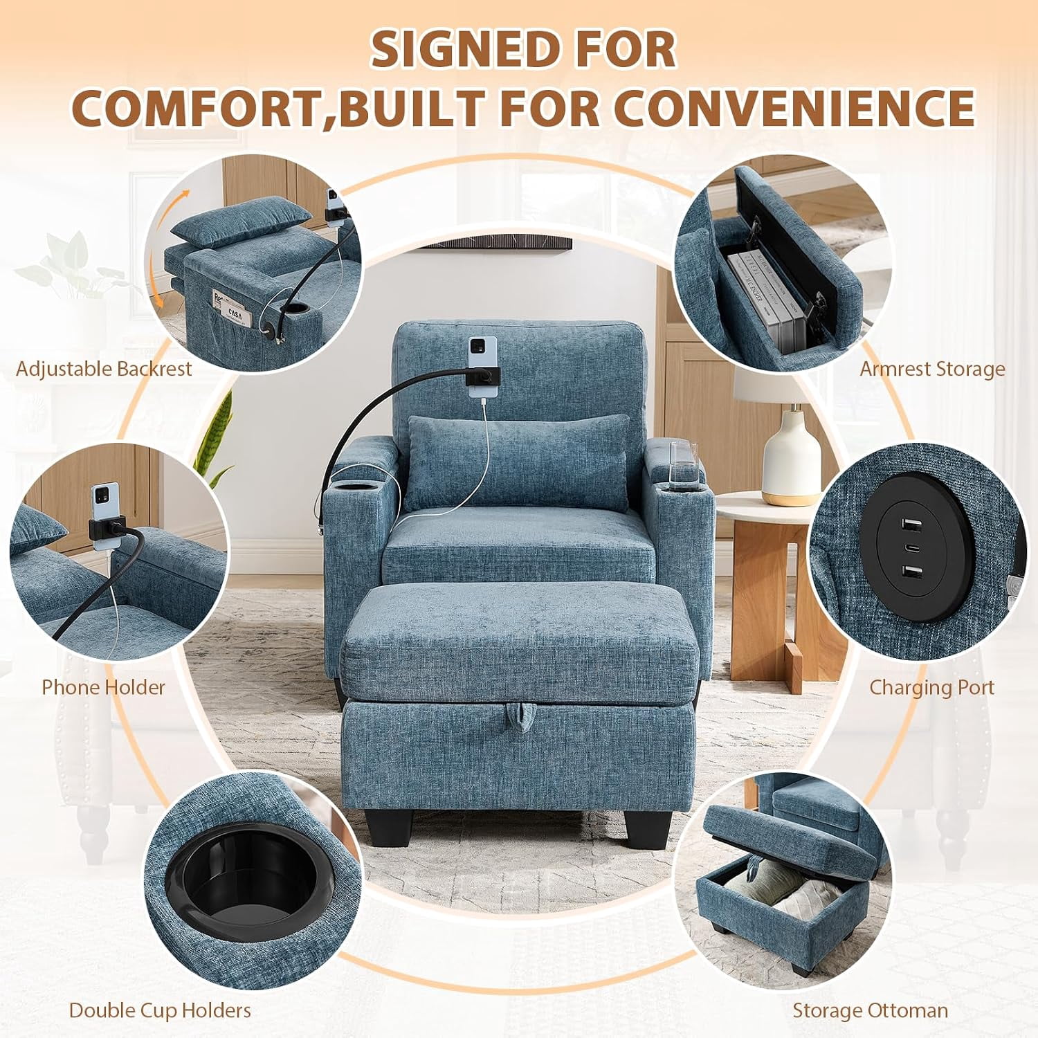 MOONMISS Oversized Chaise Lounge Chair Indoor, Single Convertible Recliner Reading Arm Sofa Chair W/Adjustable Backrest & Charging Port Couch Bed for Living Room, Home Theater & Bedroom,Blue