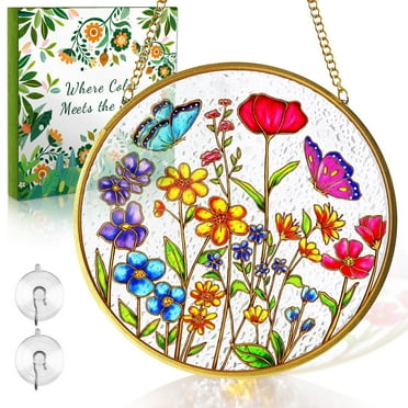 Aovky Stained Glass Window Hanging, 6 Inch Flower Suncatcher Glass Panel with Metal Chain and Hooks Gold-Framed Sun Catcher for Window Wall Art Home Decor Gift for Women Mother's Day Christmas